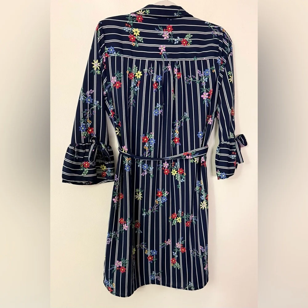 Skies Are Blue Floral Striped Belted Dress, size M, Cuff Ties, Button Up Mini - Picture 9 of 10
